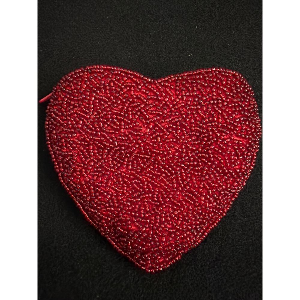 Red Beaded Heart Coin Purse Zippered Small Pouch Lovecore Valentine‎ Accessory
